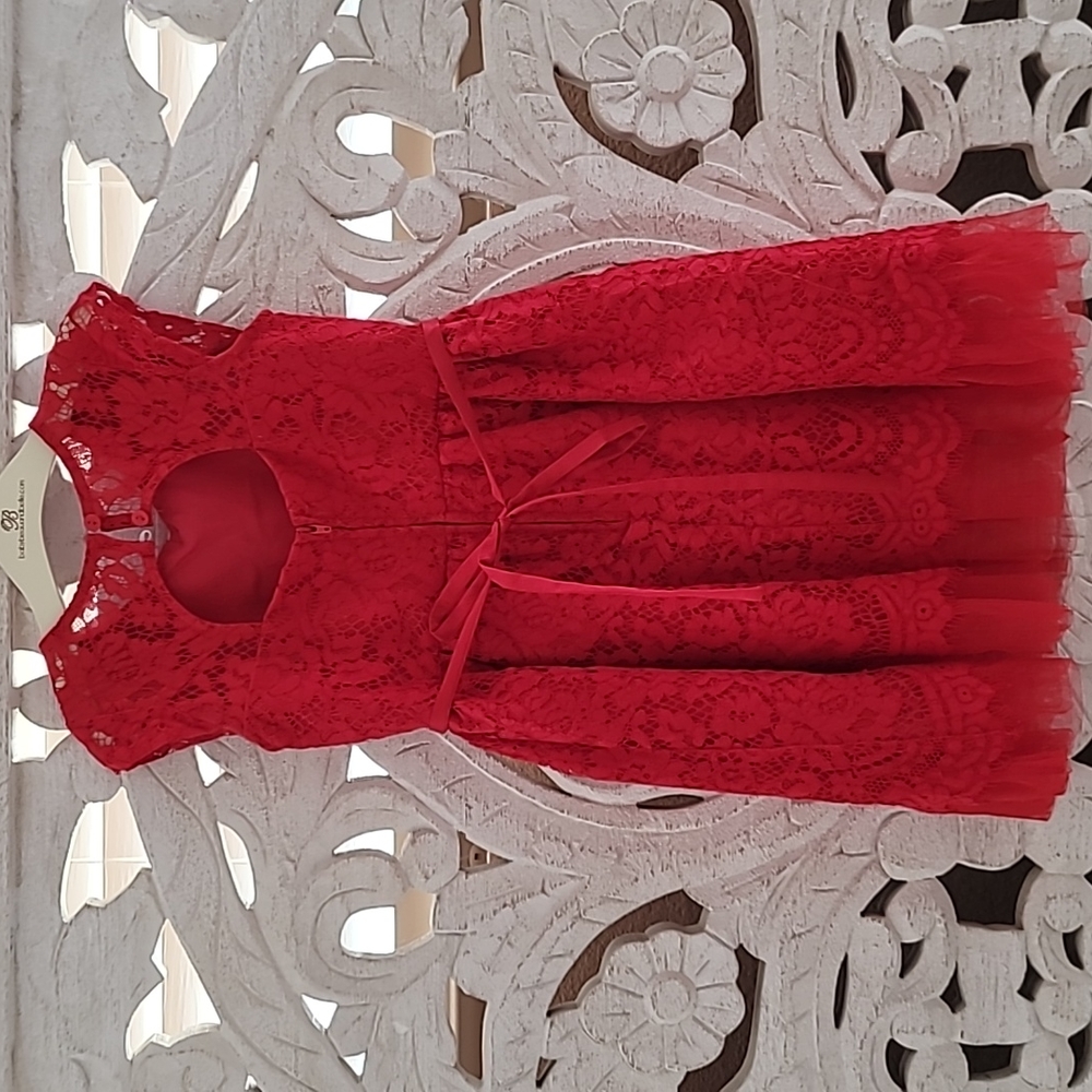 Girls Holiday Red Lace Dress - Picture 2 of 4